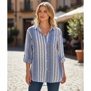 dā-sh Blue White Striped Button Down Blouse Size Large Embroidered Casual Shirt